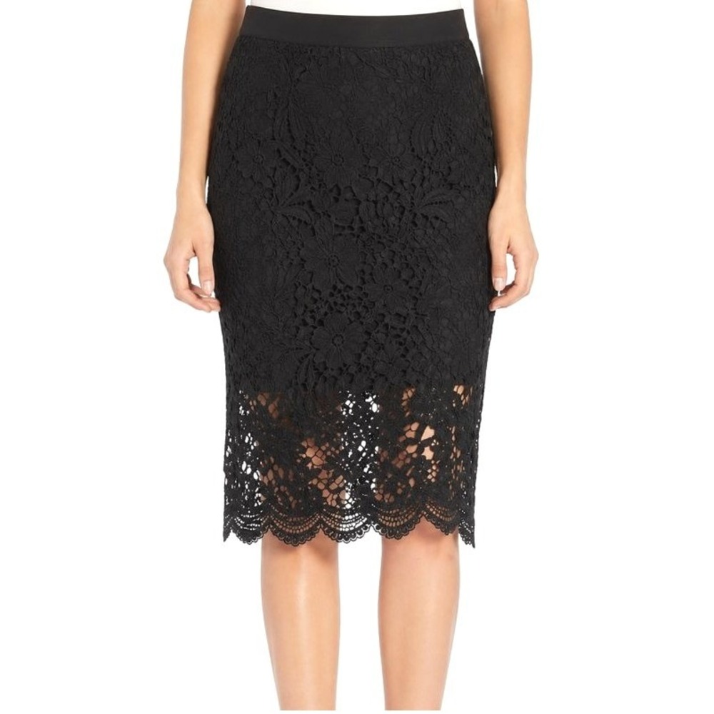 Sunday in Brooklyn Black Floral Lace Pencil Skirt Scalloped Hem Small High Waist